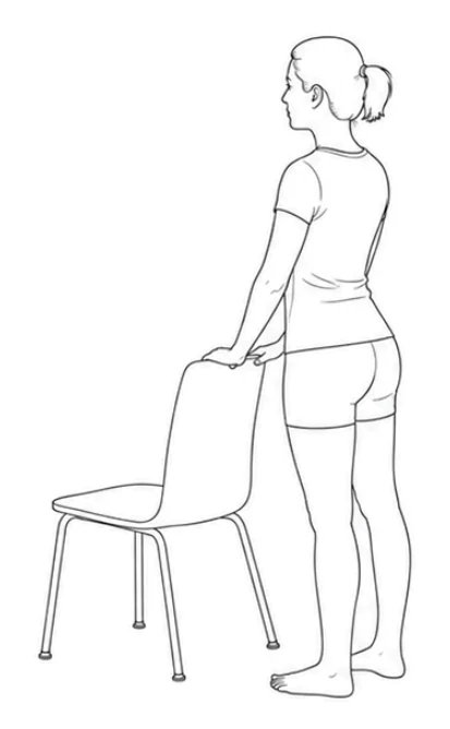 Bilateral calf raise with chair support – Stand tall behind a stable chair. Keep your feet parallel and hip-width apart and hold the backrest lightly.