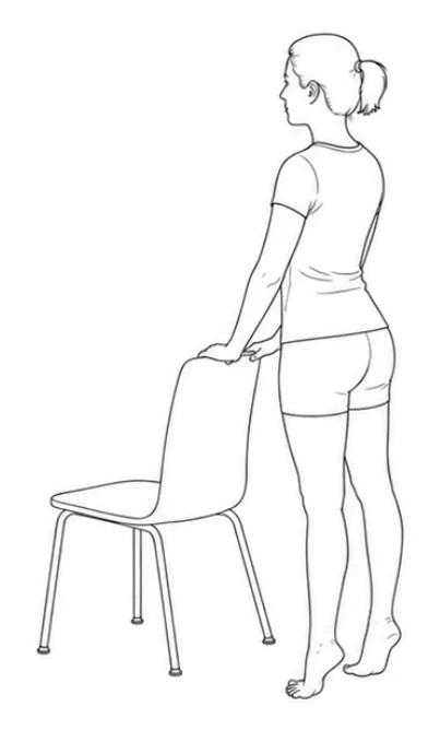 Bilateral calf raise with chair support – Lift both heels to the same height and rise onto the balls of your feet. Keep your body still and use the chair for light support. Lower your heels slowly to the floor.