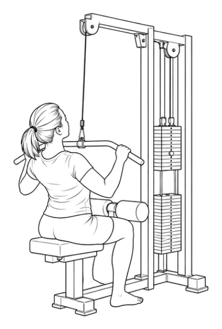 Lat pulldown – Pull the bar down in front of your face to your upper chest. Drive your elbows downward and keep your trunk steady without swinging. Then return the bar upward with control until your arms are fully extended again.