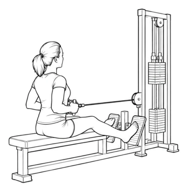 Seated cable row – Pull the handle toward your waist and bring your upper body upright. Draw your shoulders back and keep your elbows close to your body. Then extend your arms forward and return your upper body with control to the slightly forward-leaning starting position.