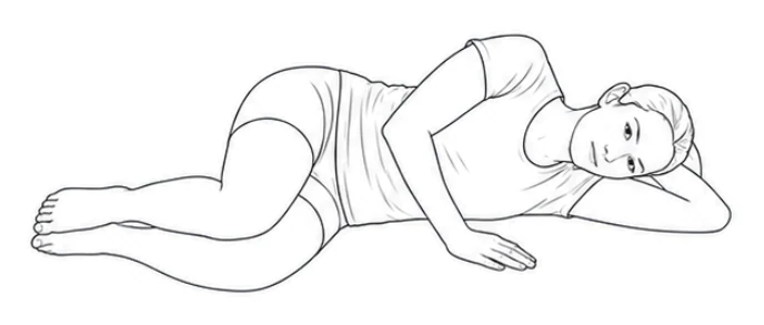 Clamshell – Lie on your left side with your knees bent. Stack your legs and keep your heels together. Rest your head on your left arm.