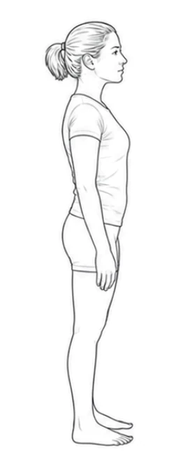 Standing forward bend – Stand tall with your feet parallel and hip-width apart. Share your weight evenly across both feet. Keep your knees straight, rest your arms by your sides, and look forward.