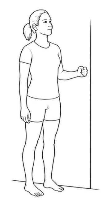 Isometric shoulder abduction – Stand upright side-on next to a wall with the arm you are training nearest the wall. Bend your elbow and place the outside of the elbow against the wall. Press the elbow outward without moving your arm or body, then release the pressure.