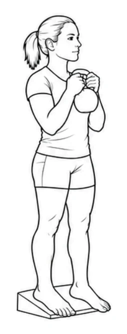 Heel-elevated goblet squat – Stand with both heels on one shared wedge and your forefeet toward the floor. Keep your feet about shoulder-width apart and turn your toes slightly outward. Hold one kettlebell close to your chest with both hands, with your elbows pointing down.