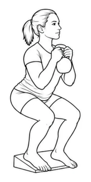 Heel-elevated goblet squat – Bend your knees and lower your hips into a half squat. Keep your heels on the wedge, follow your feet with your knees, and hold the weight close. Stand up evenly without changing your grip or foot position.