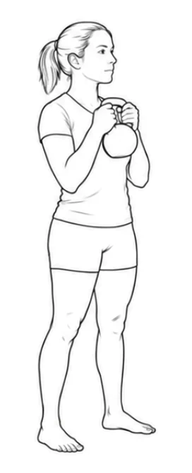 Goblet squat – Stand with your feet about shoulder-width apart and turn your toes slightly outward. Hold one kettlebell close to your chest with both hands and point your elbows downward.
