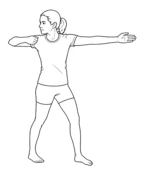 Bow and arrow with head turn – Draw your right elbow back, turn your upper body right, and follow your right hand with your eyes. Keep your left arm forward and both feet still. Return your right arm and upper body slowly to the start.