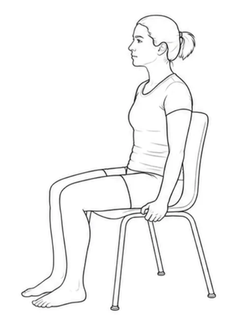 Seated knee extension – Sit tall on the chair with both feet on the floor. Let your right thigh rest on the seat.