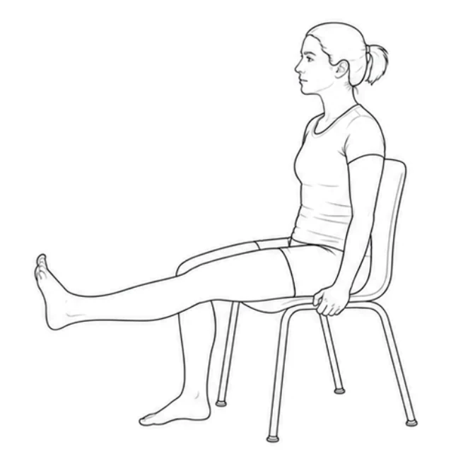 Seated knee extension – Pull your toes toward you and straighten your right leg almost fully in front. Keep your thigh on the seat and sit tall. Lower the leg slowly again.