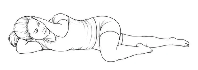 Side-lying trunk rotation – Lie on your right side with your right leg straight. Bend your left hip and knee in front of you and rest your knee and lower leg on the surface. Place your hands lightly by your ears and bring your elbows together in front of you.