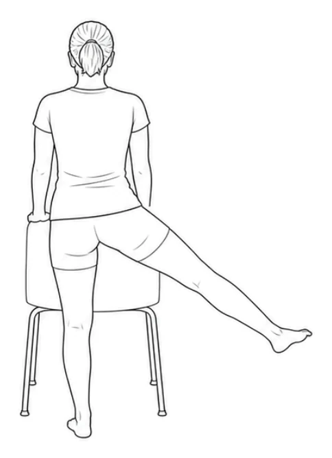 Standing hip abduction – Move your right leg straight out to the side, keeping the knee straight and the foot pointing forward. Remain standing on your left leg and keep your upper body still. Then return your right foot beside the left.