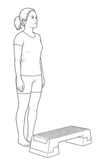 Step-up – Stand upright in front of the step platform with both feet on the floor and your arms relaxed.