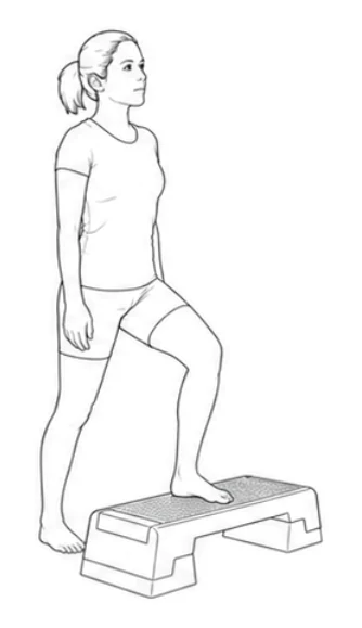 Step-up – Place your whole left foot on the platform. Keep your left knee aligned with your foot and your right foot on the floor.