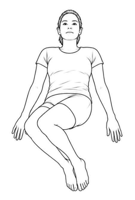 Supine knee rolls – Lie on your back with knees bent, feet close together and arms resting by your sides. Keep your head straight and both shoulders against the floor. Lower your knees together to the right as far as you can control.