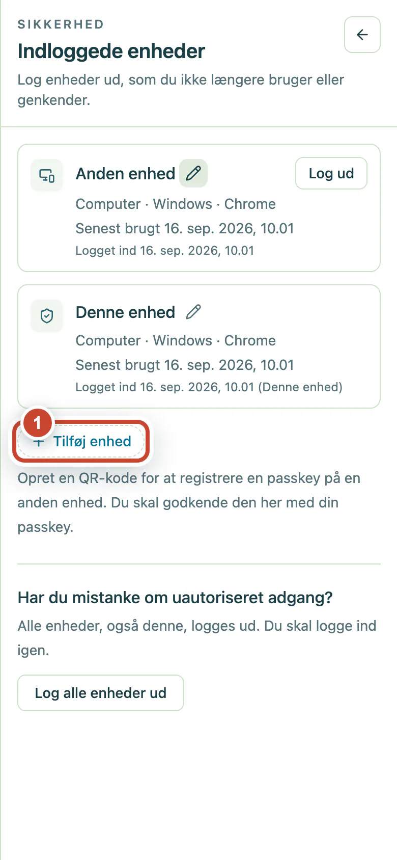 Siden Indloggede enheder med knappen Tilføj enhed markeret.