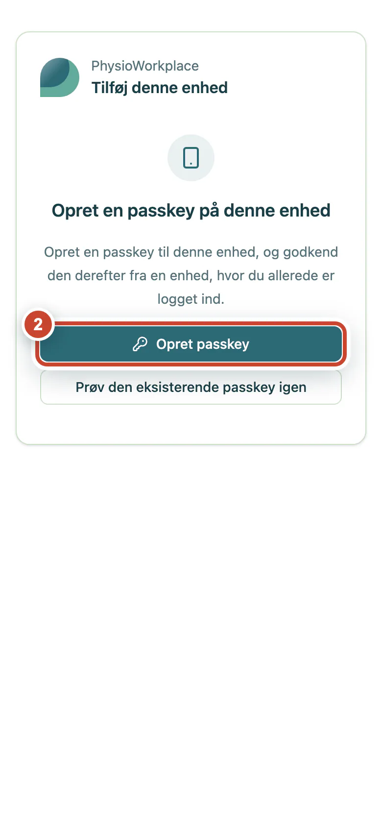 Siden på den nye enhed med knappen Opret passkey markeret.