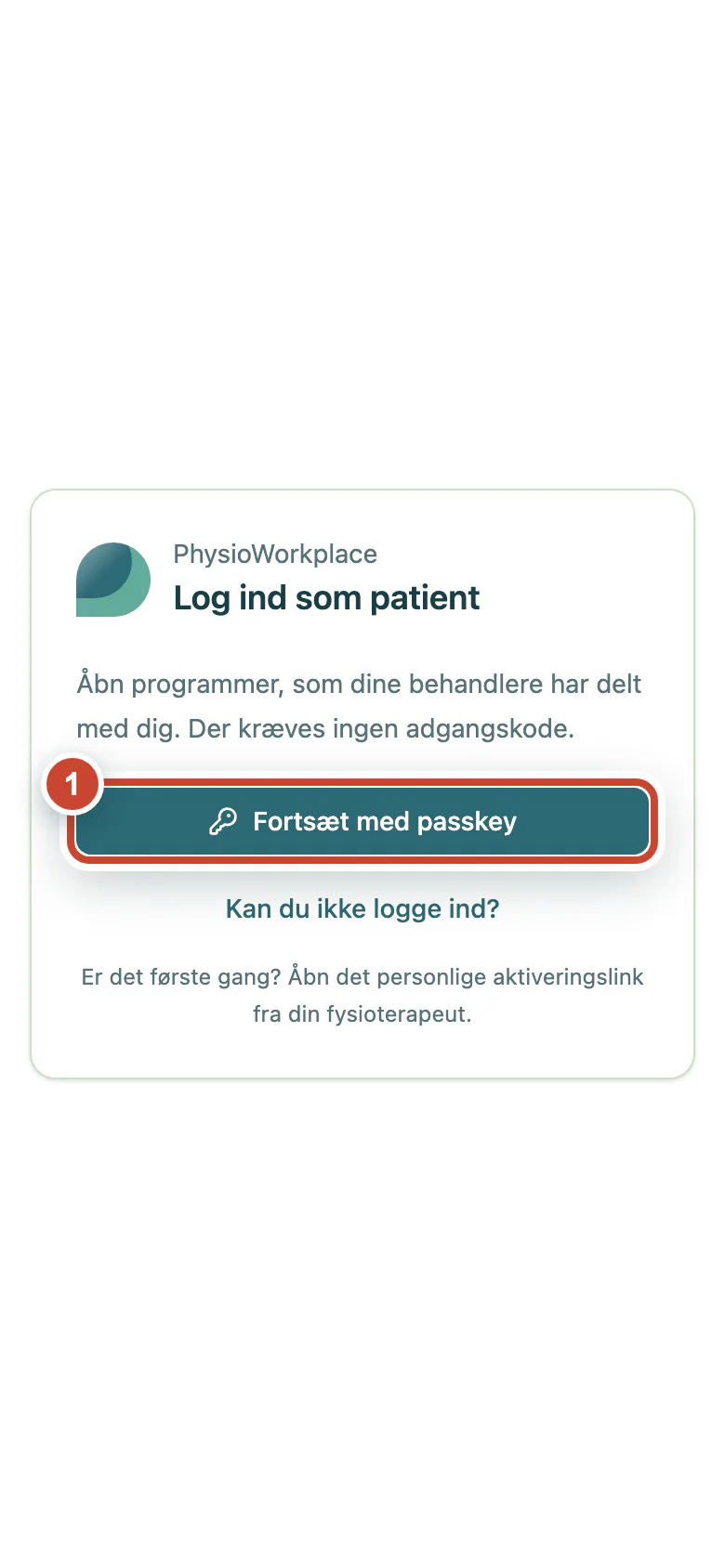 Patientlogin med knappen Fortsæt med passkey markeret.