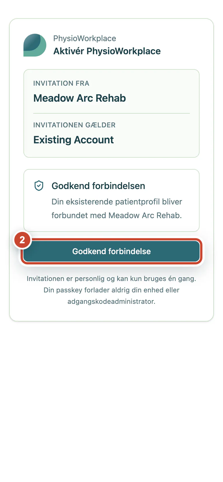 Bekræftelsessiden med knappen Godkend forbindelse fremhævet.
