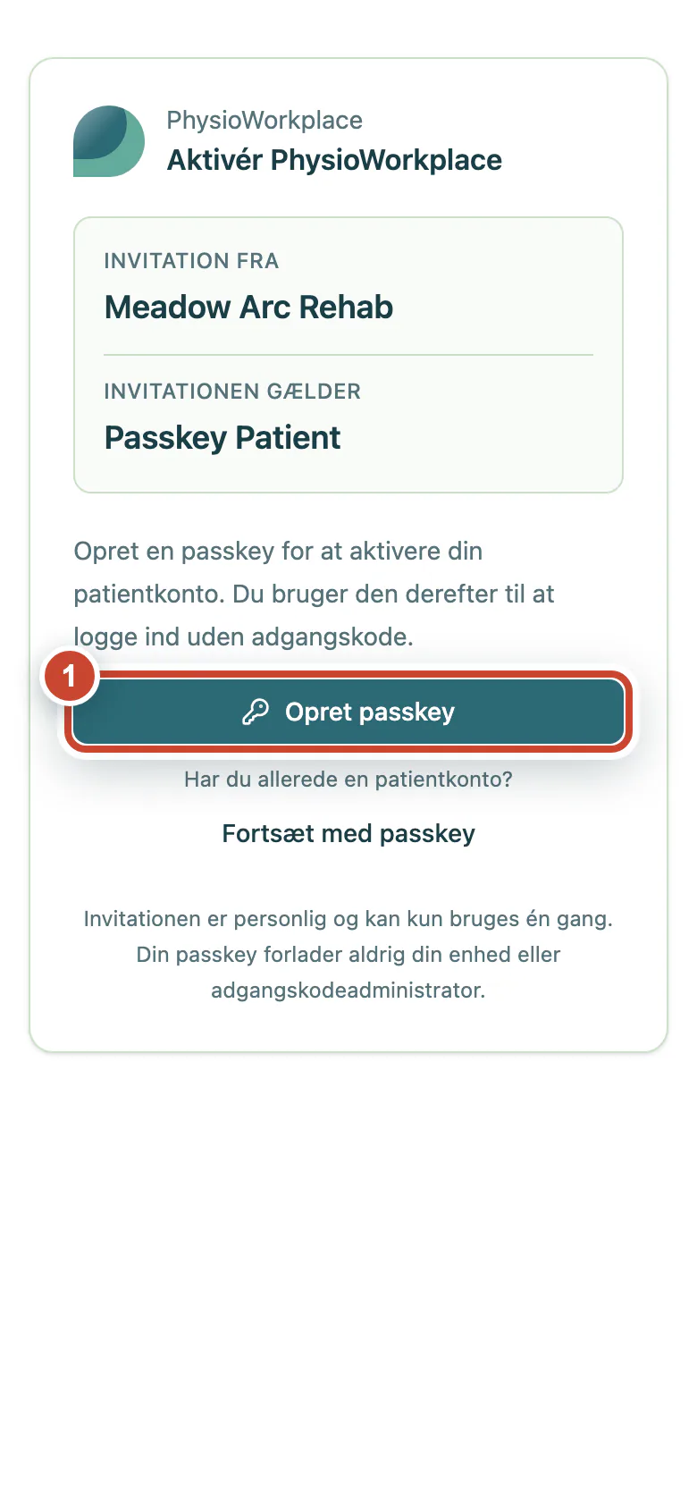 Personlig aktiveringsinvitation med knappen Opret passkey markeret.