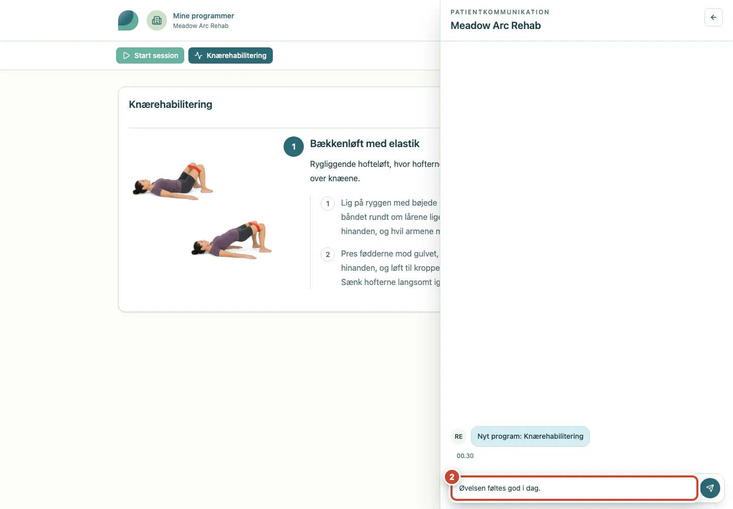 Åben patientsamtale med en besked indtastet.
