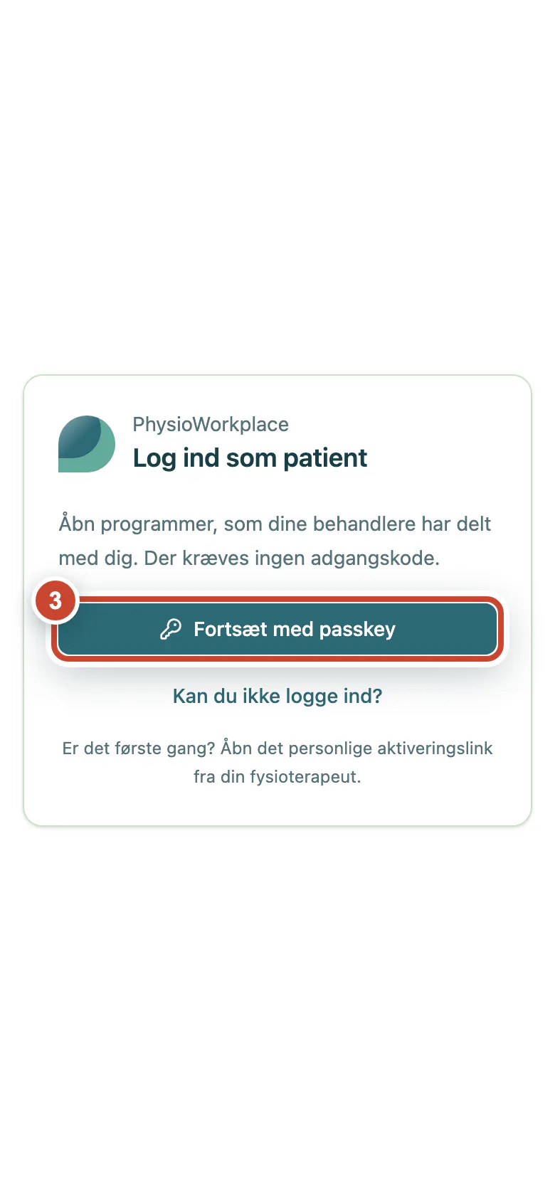 Patientlogin med knappen Fortsæt med passkey fremhævet.
