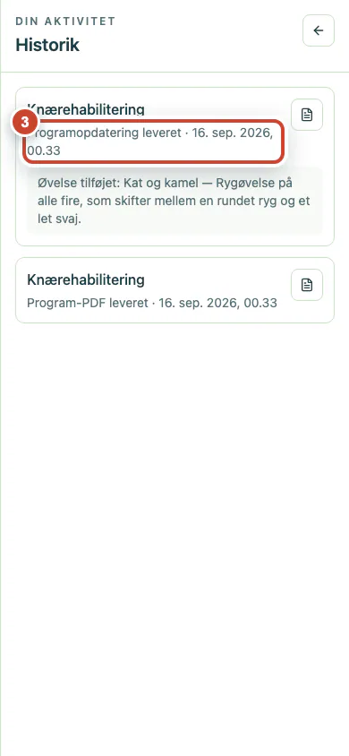 Leveringshistorikken med den seneste programopdatering.