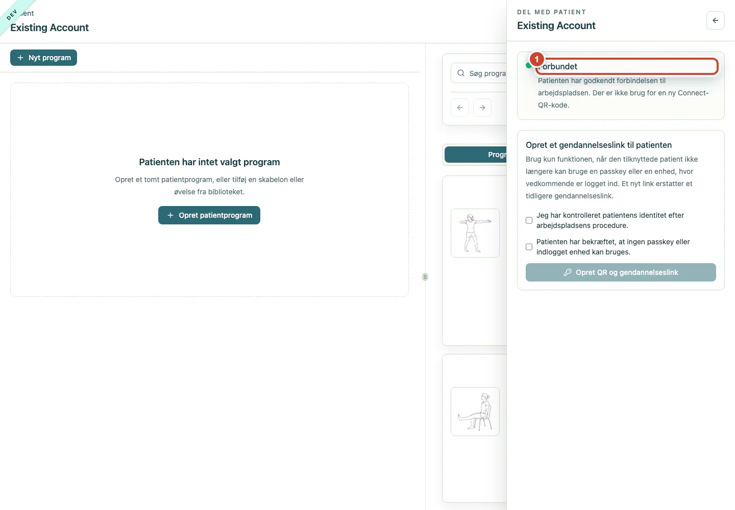 Patientens Connect-panel med statussen Forbundet fremhævet.