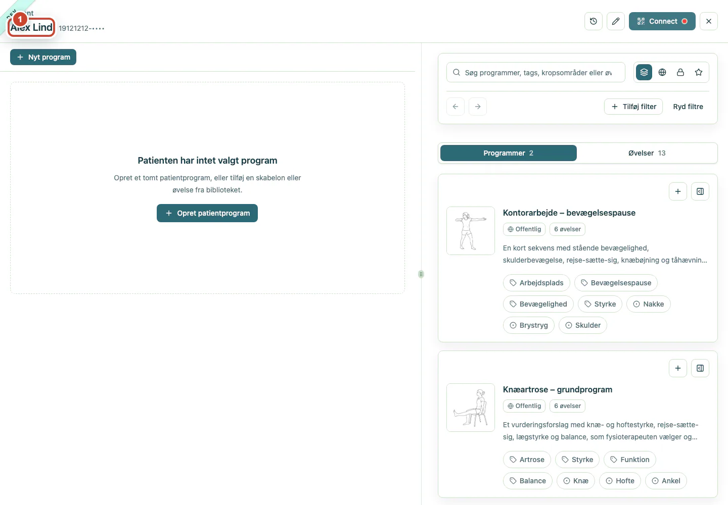 Patientkortet for den valgte patient.