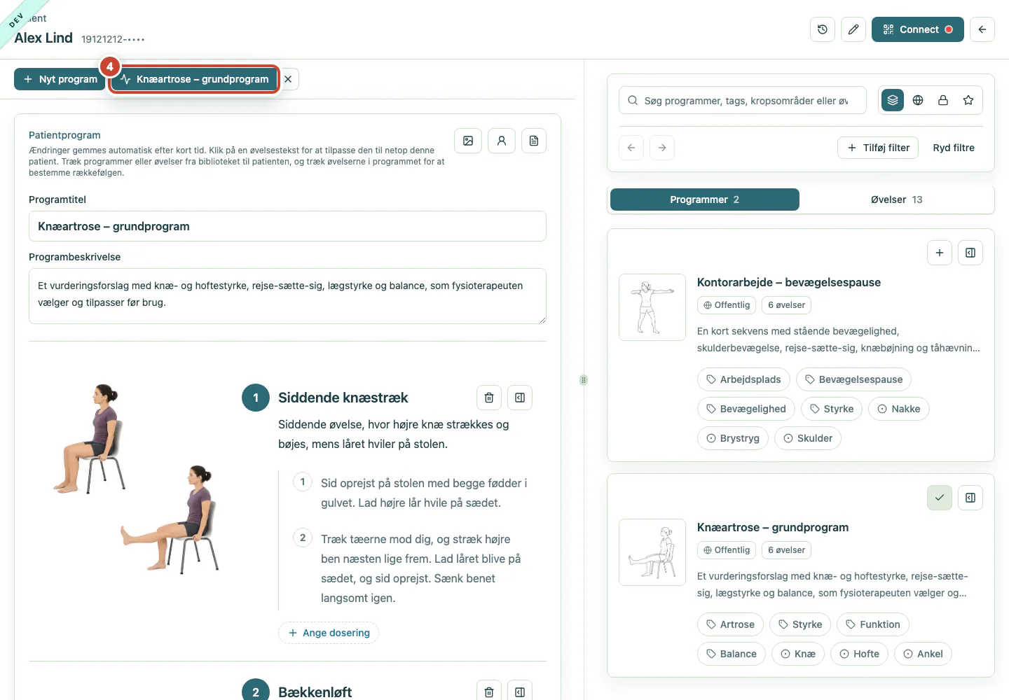 Programarbejdsområdet med Knæartrose – grundprogram valgt.