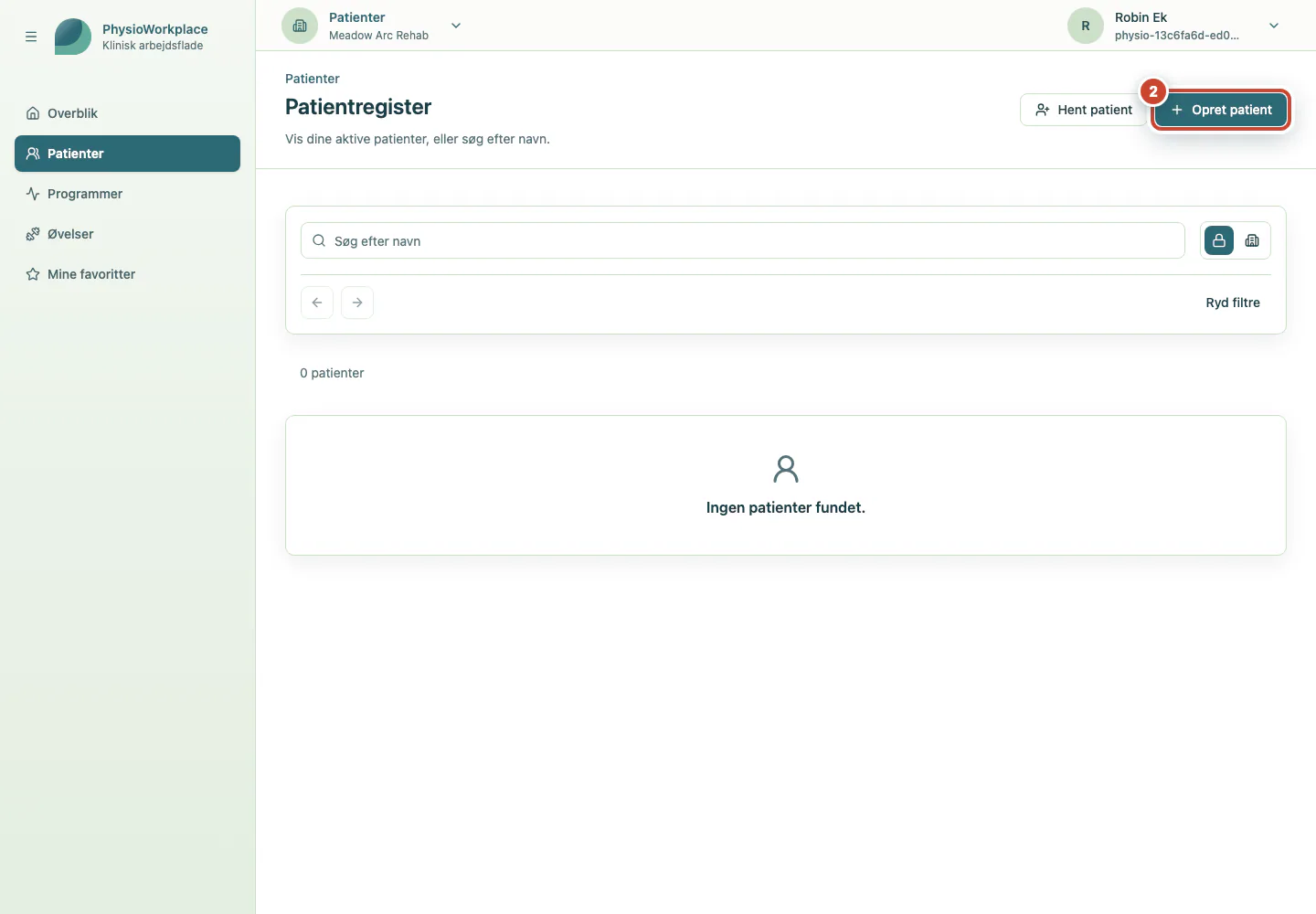 Patientregistret med knappen Opret patient markeret.