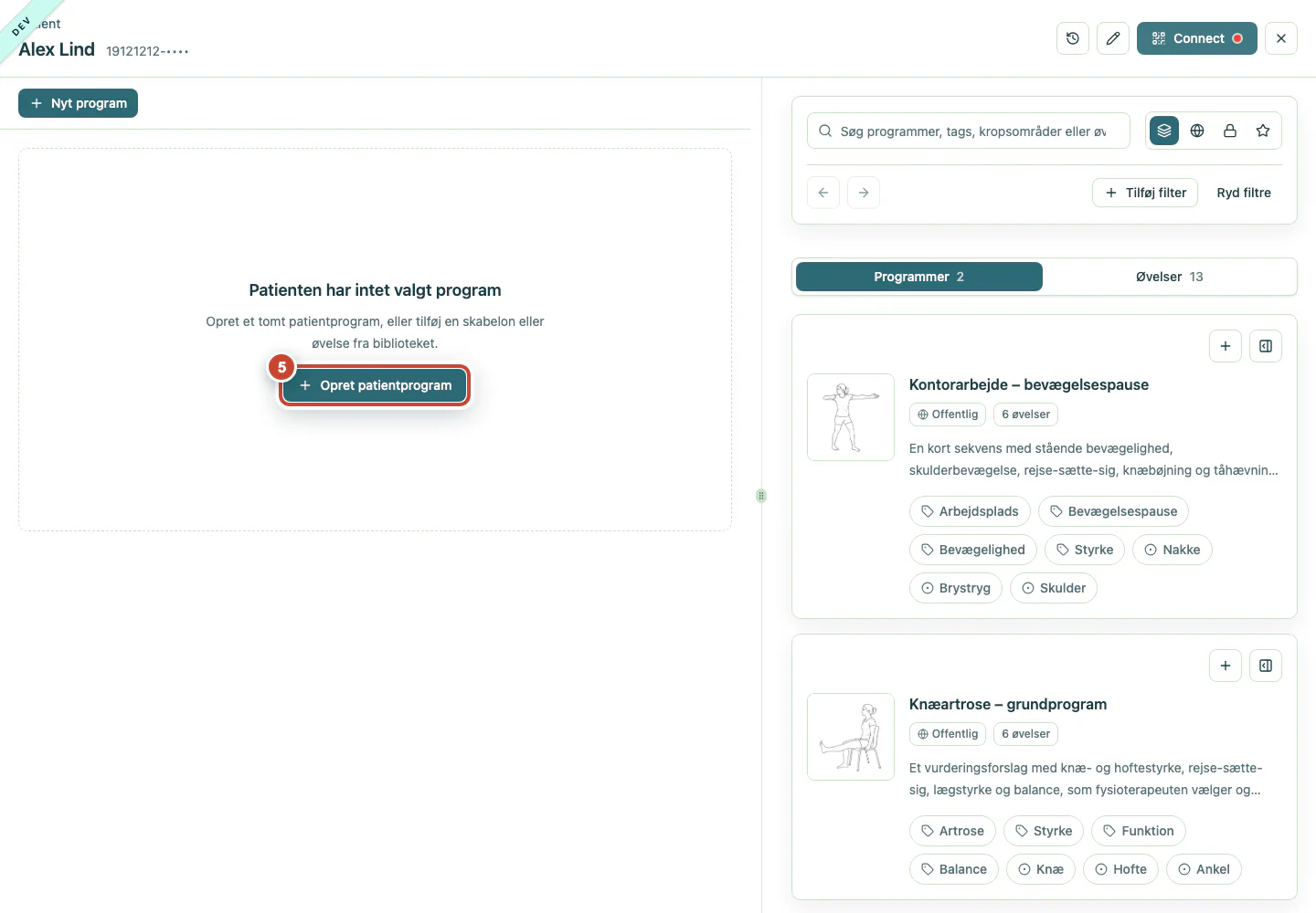 Den gemte patients side med knappen Opret patientprogram markeret.