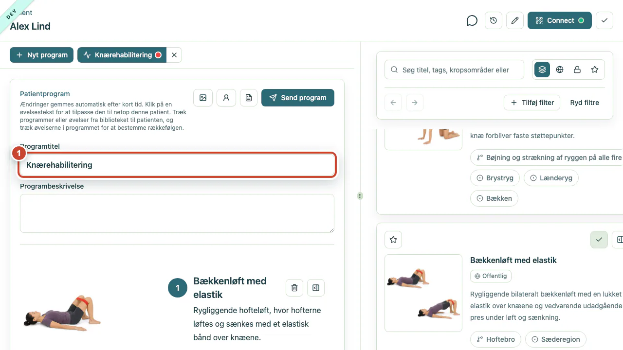 Patientprogrammet med titel og øvelser klar til levering.