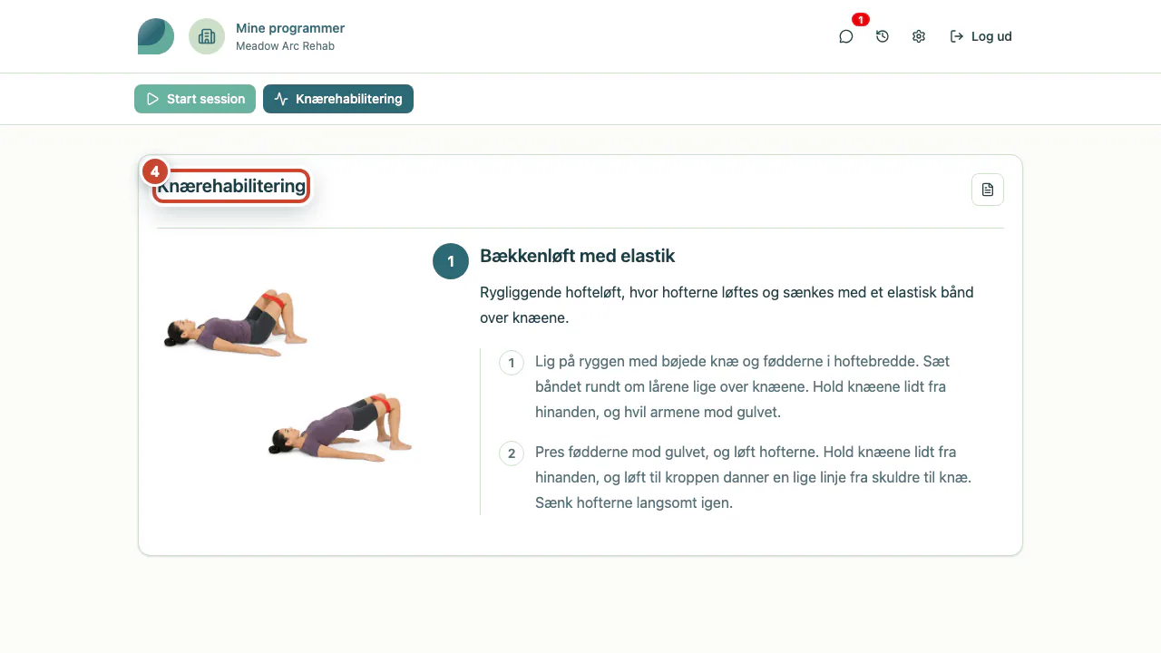 Patientens visning med det leverede program Knærehabilitering.