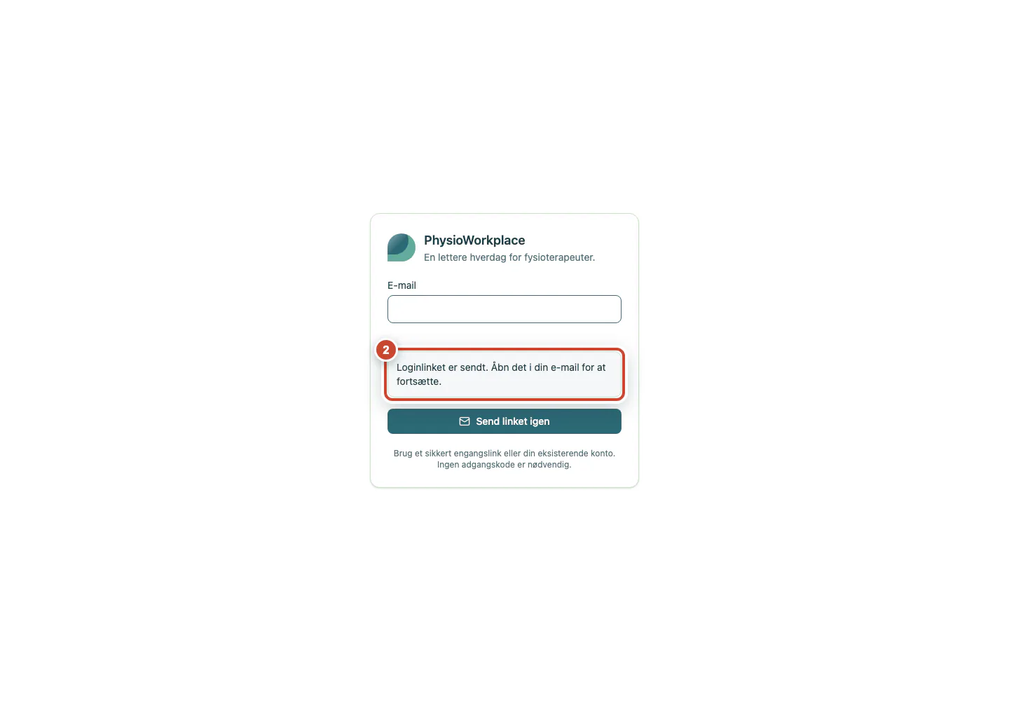 Login-siden efter at det personlige link er sendt.