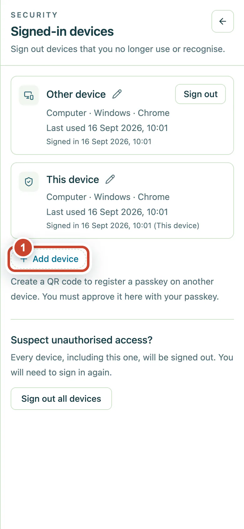 Signed-in devices page with the Add device button highlighted.