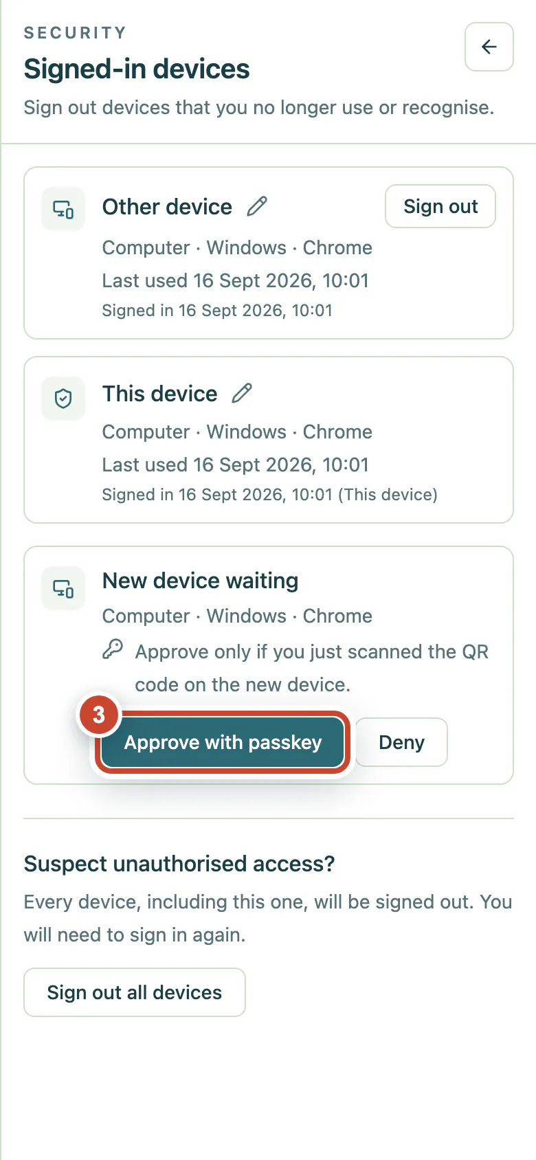 New device request with the Approve with passkey button highlighted.