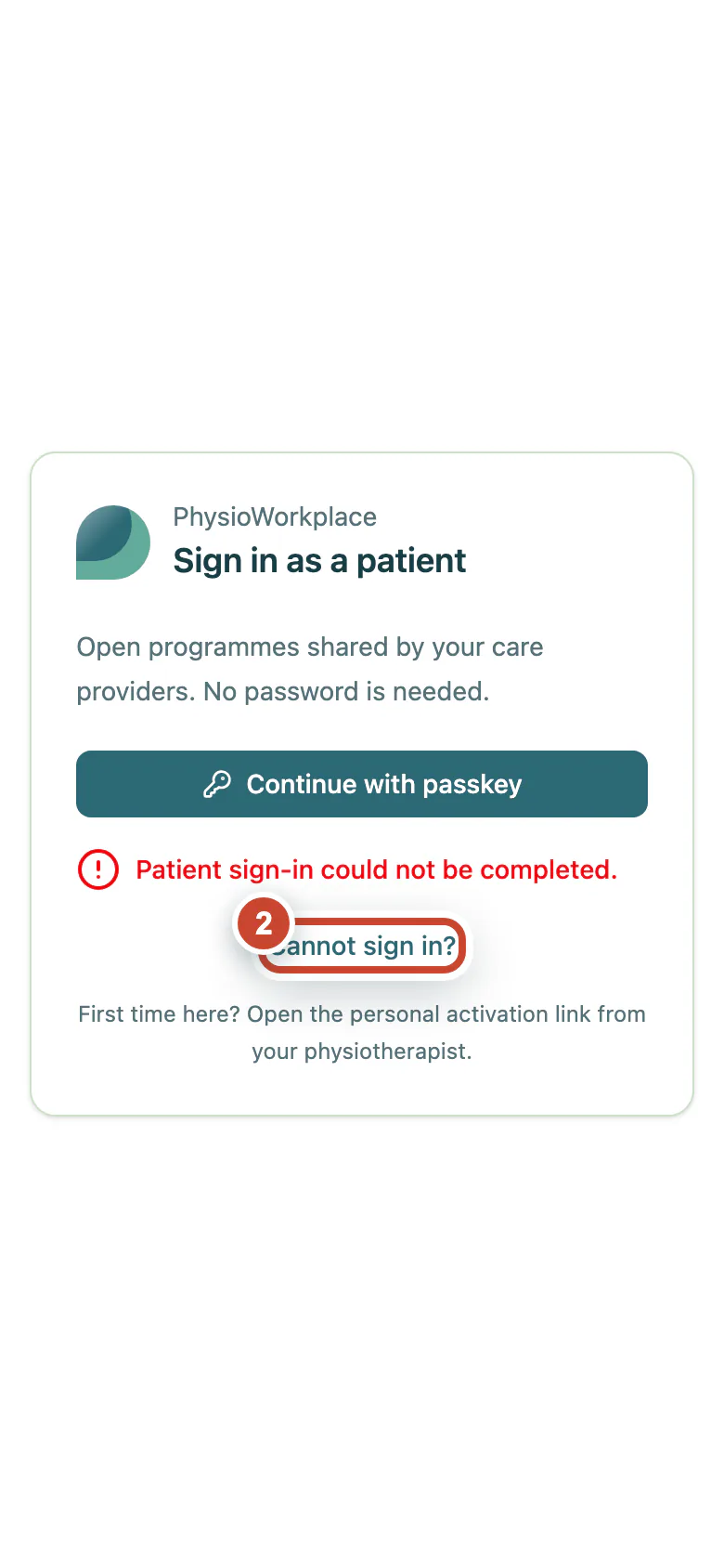 Unsuccessful patient sign-in with the Cannot sign in link highlighted.