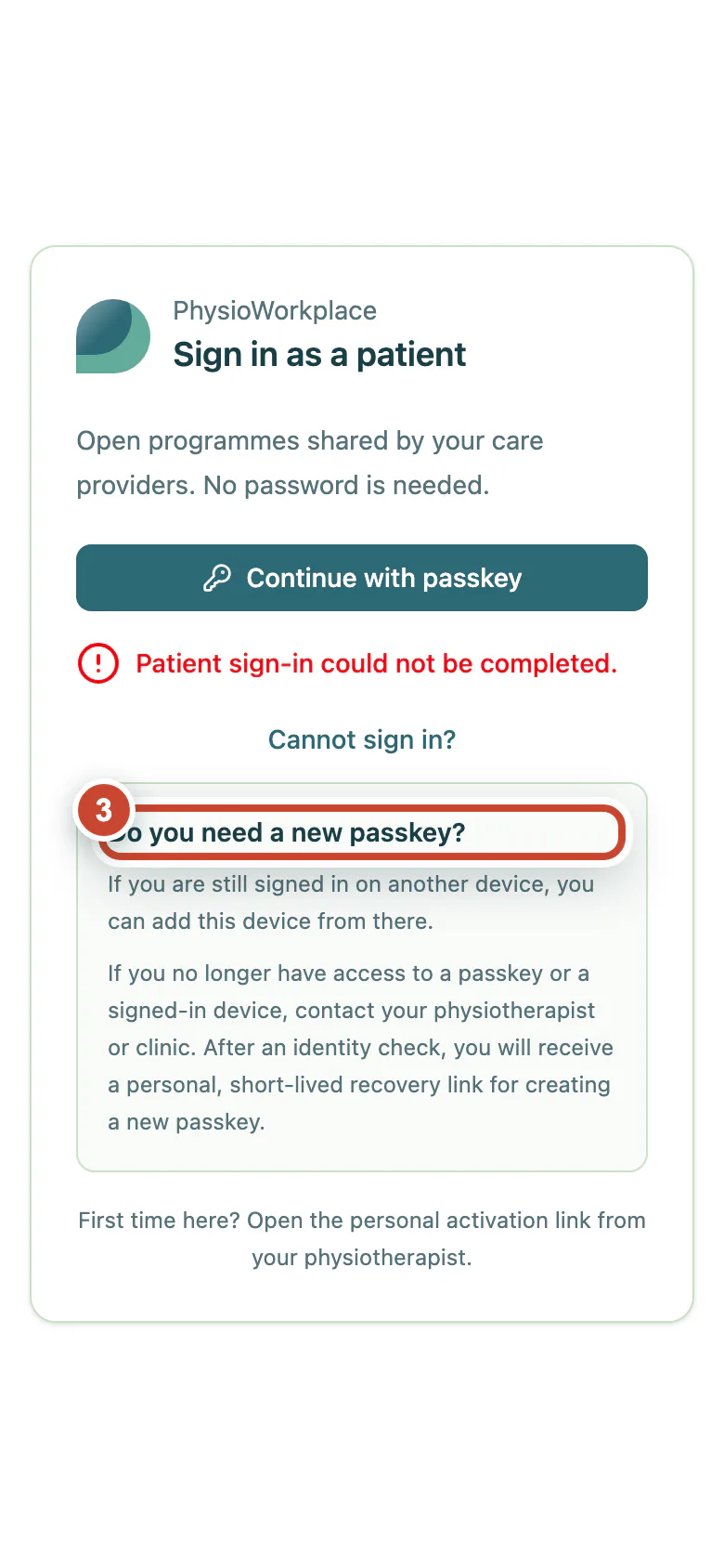 Open sign-in help with two options for getting a new passkey.