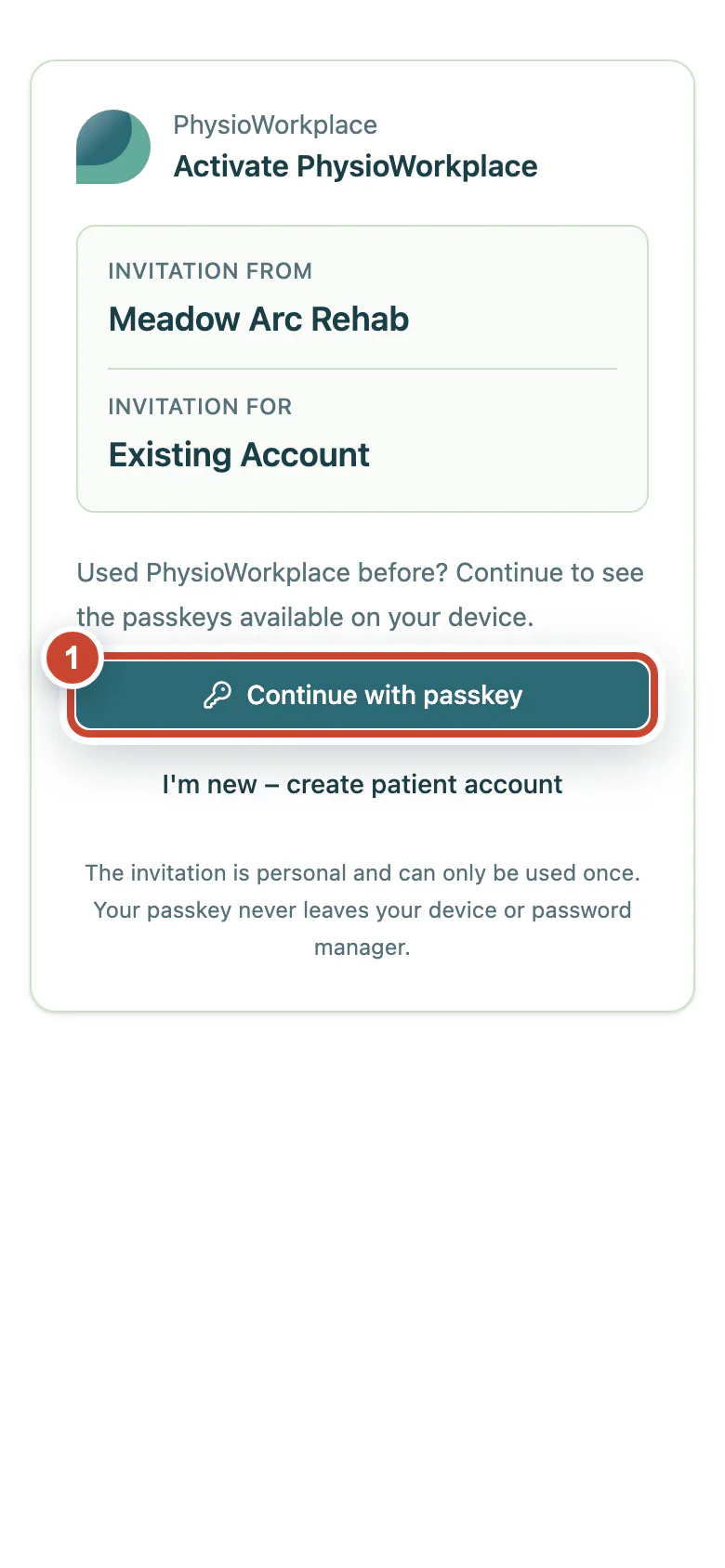 Patient invitation with the Continue with passkey button highlighted.