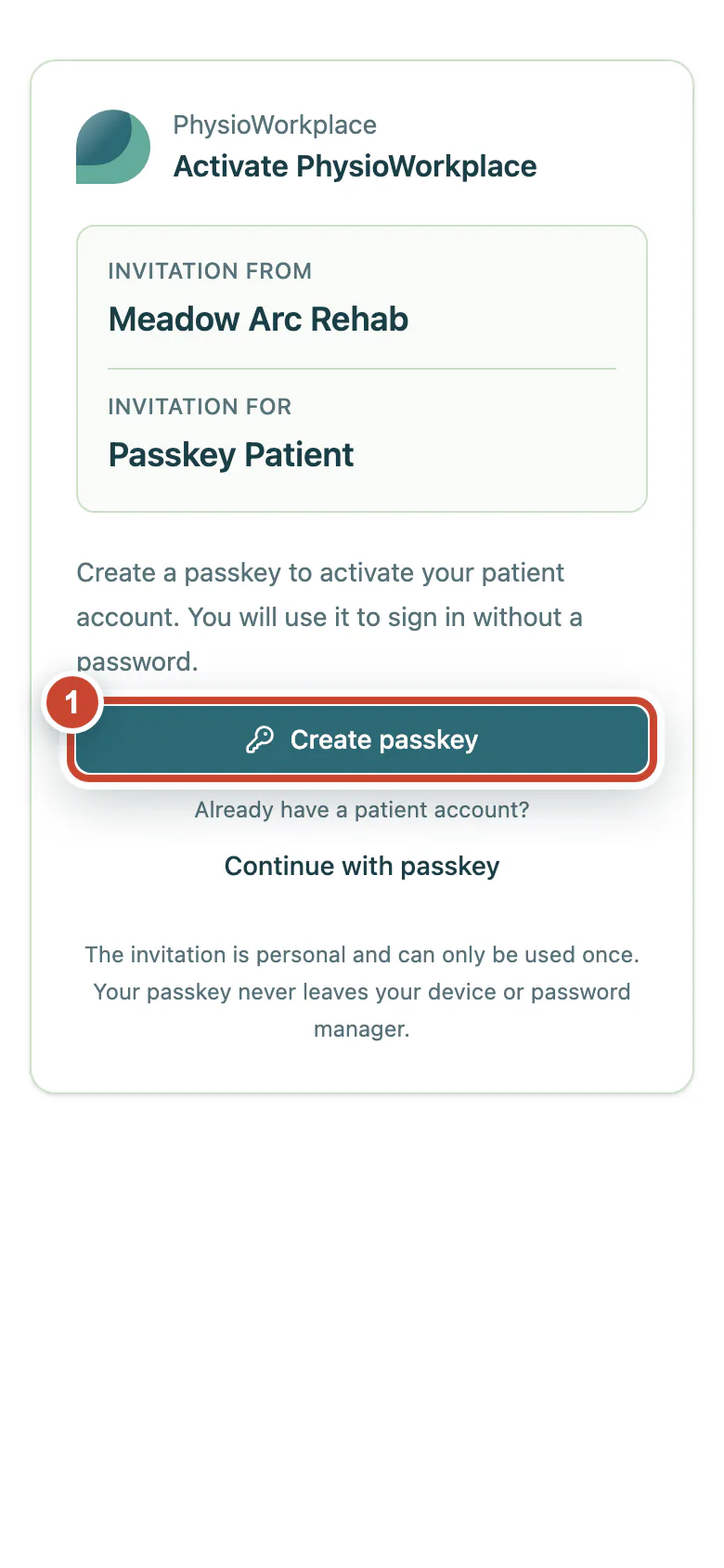 Personal activation invitation with the Create passkey button highlighted.
