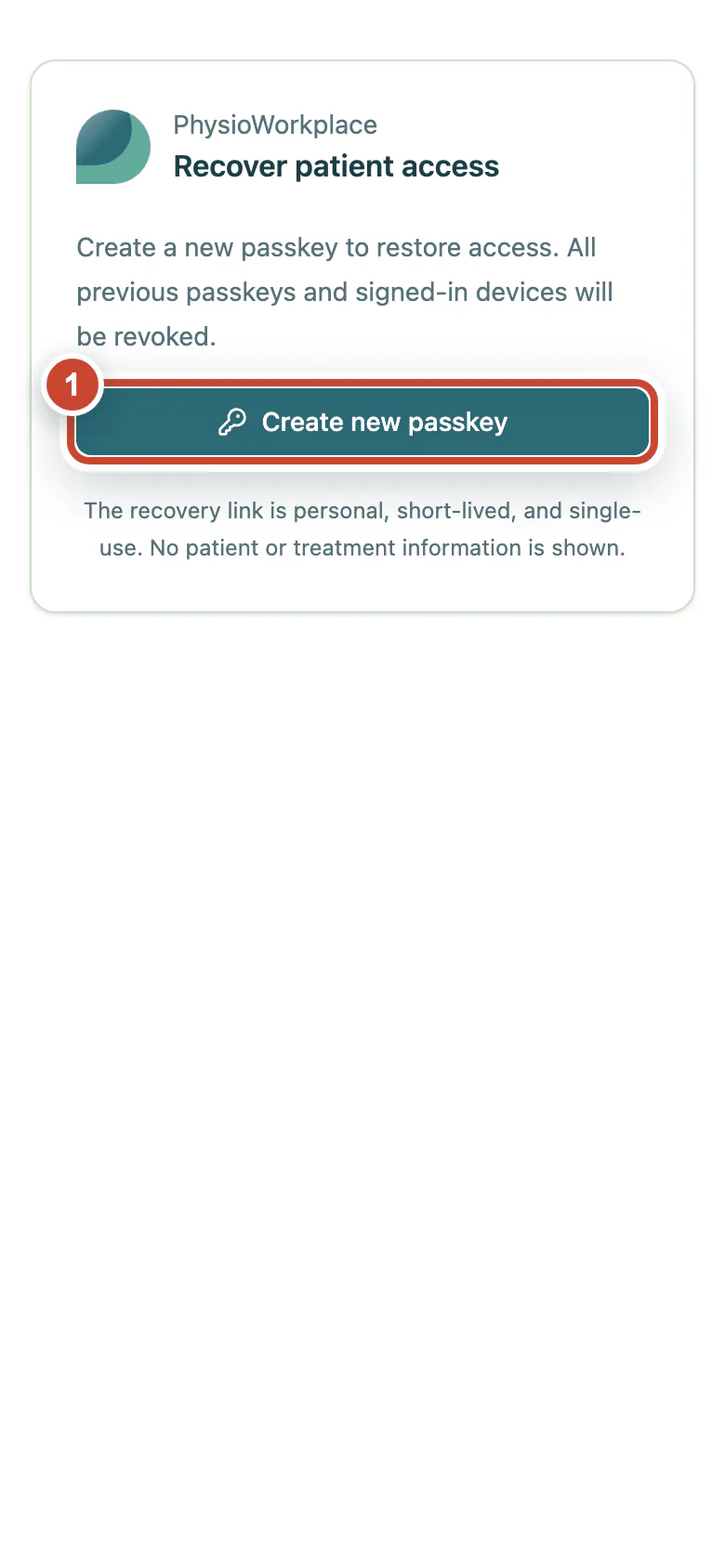 Recovery page with the Create new passkey button highlighted.