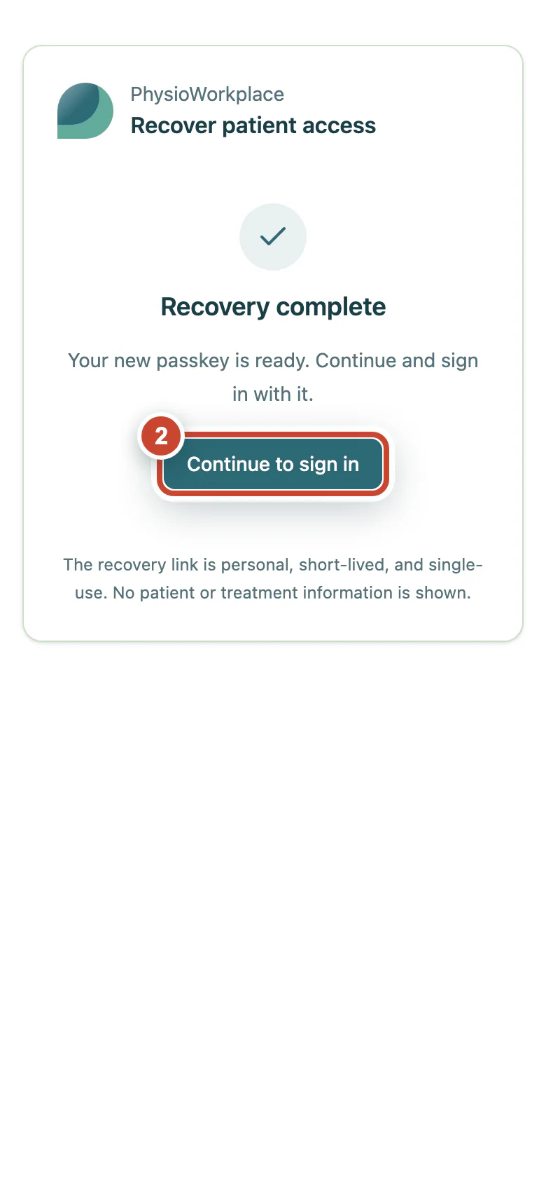 Completed recovery with the Continue to sign in button highlighted.