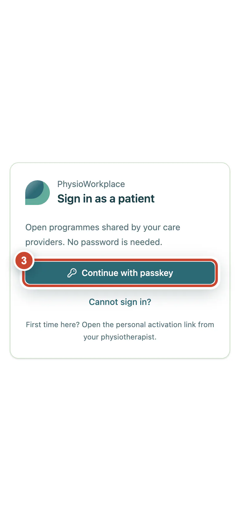 Patient sign-in with the Continue with passkey button highlighted.
