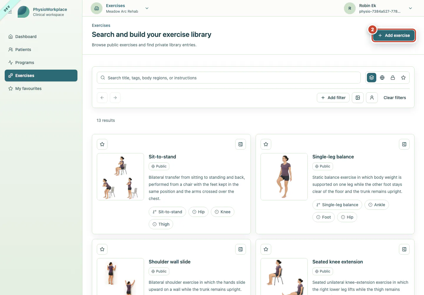 Exercise library with the Add exercise button highlighted.