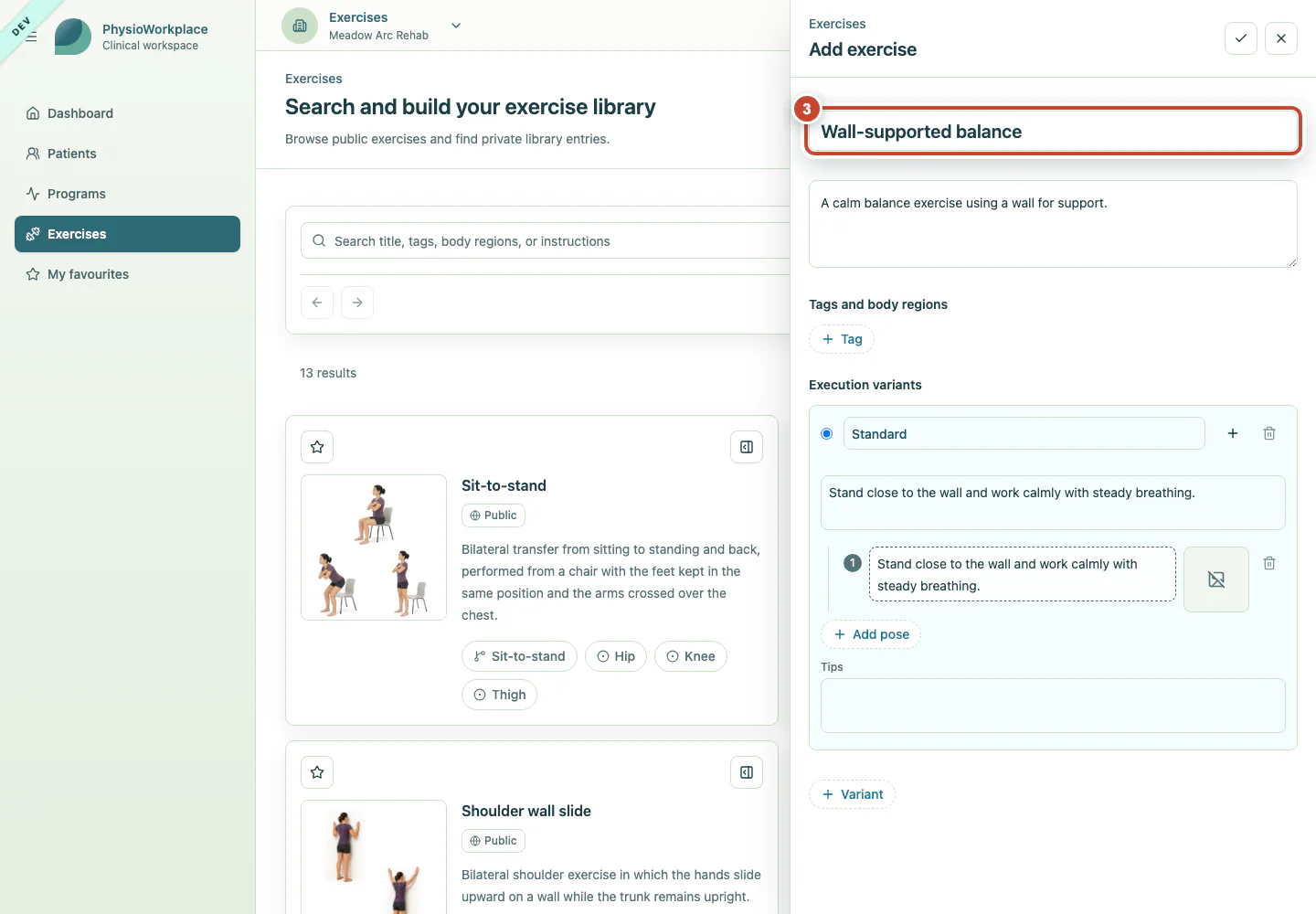New exercise editor with title, summary, and instructions entered.