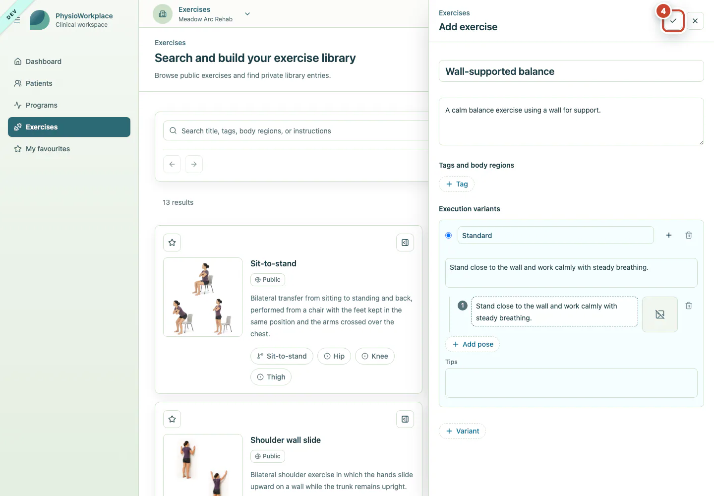 Exercise editor with the Save button highlighted.