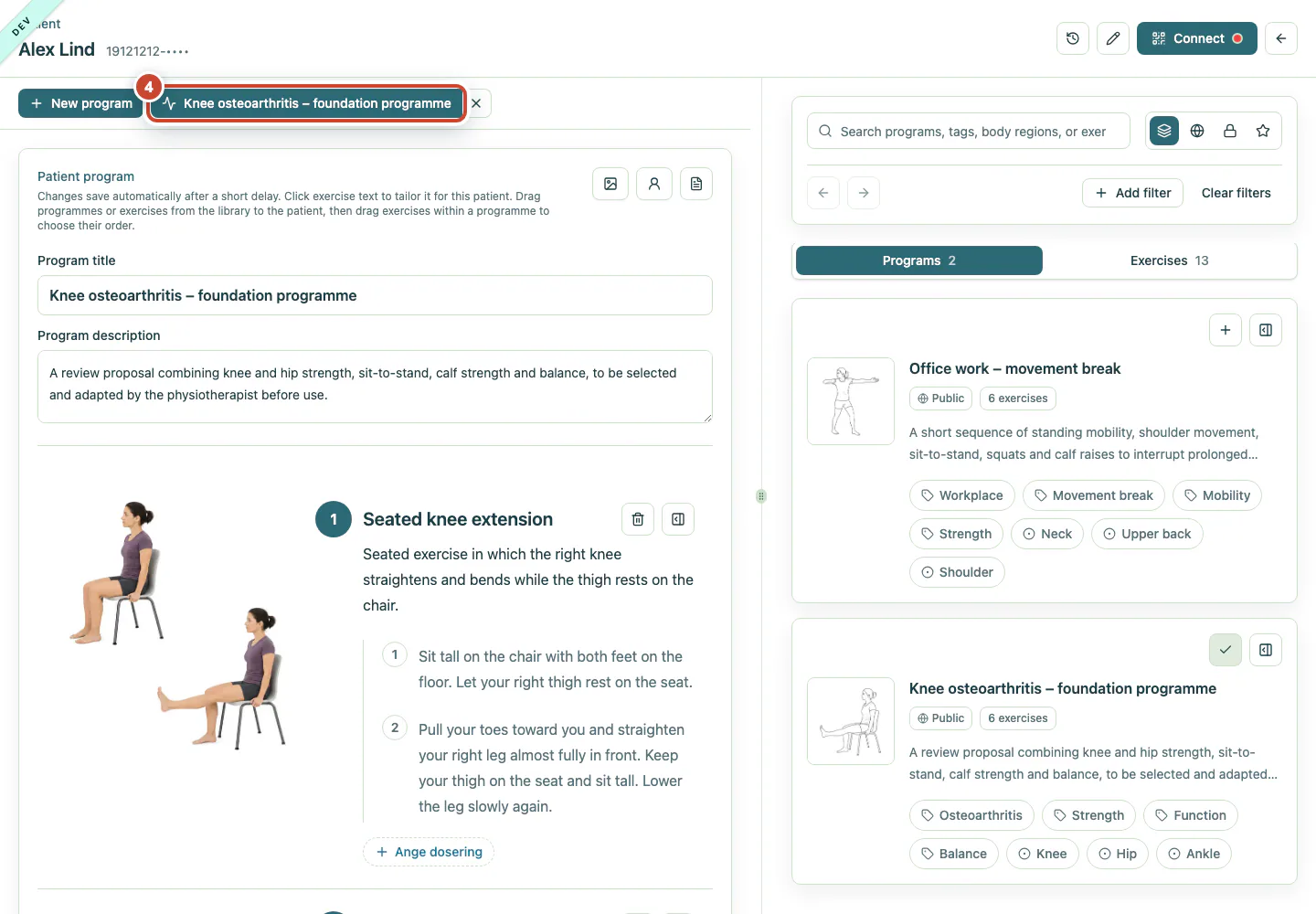 Programme workspace with Knee osteoarthritis – foundation programme selected.