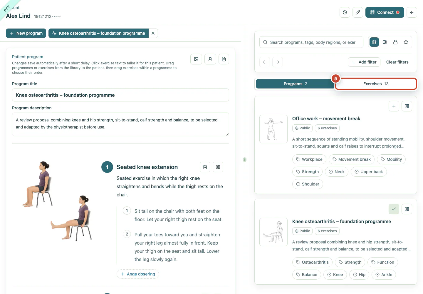 Programme workspace with the Exercises tab highlighted.