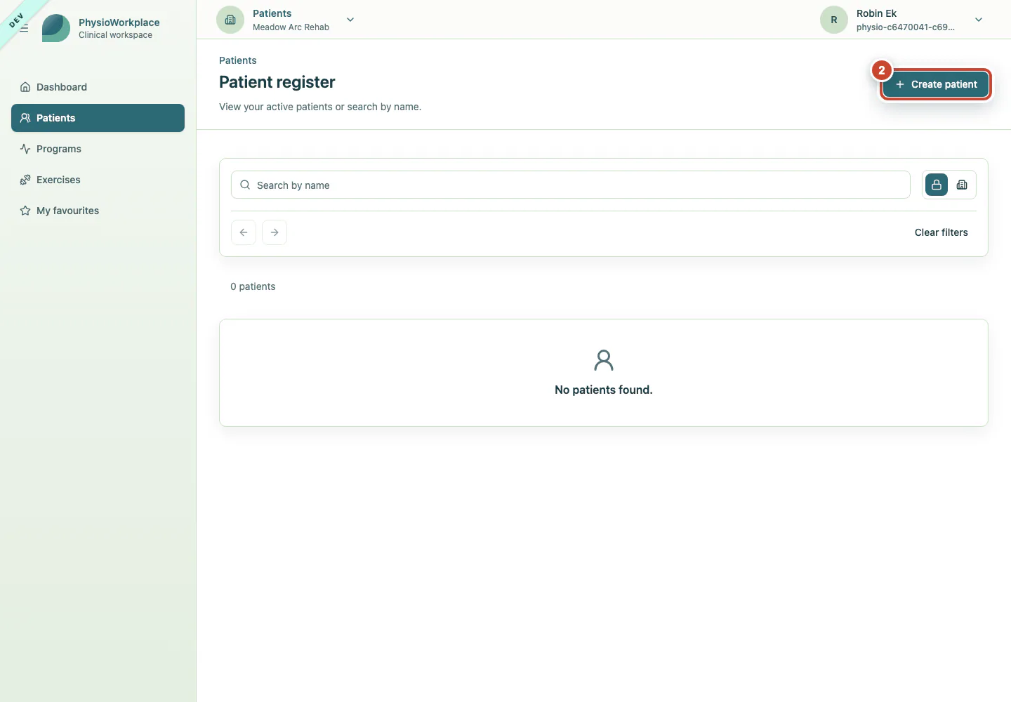 Patient register with the Create patient button highlighted.