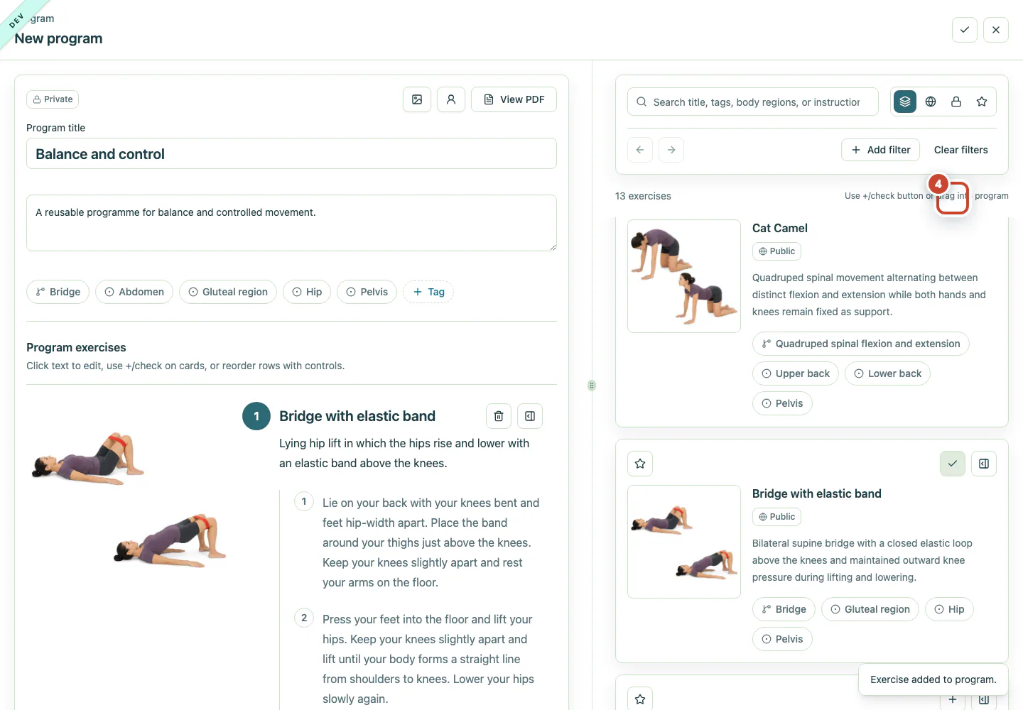 Exercise library with an add-to-programme button highlighted.